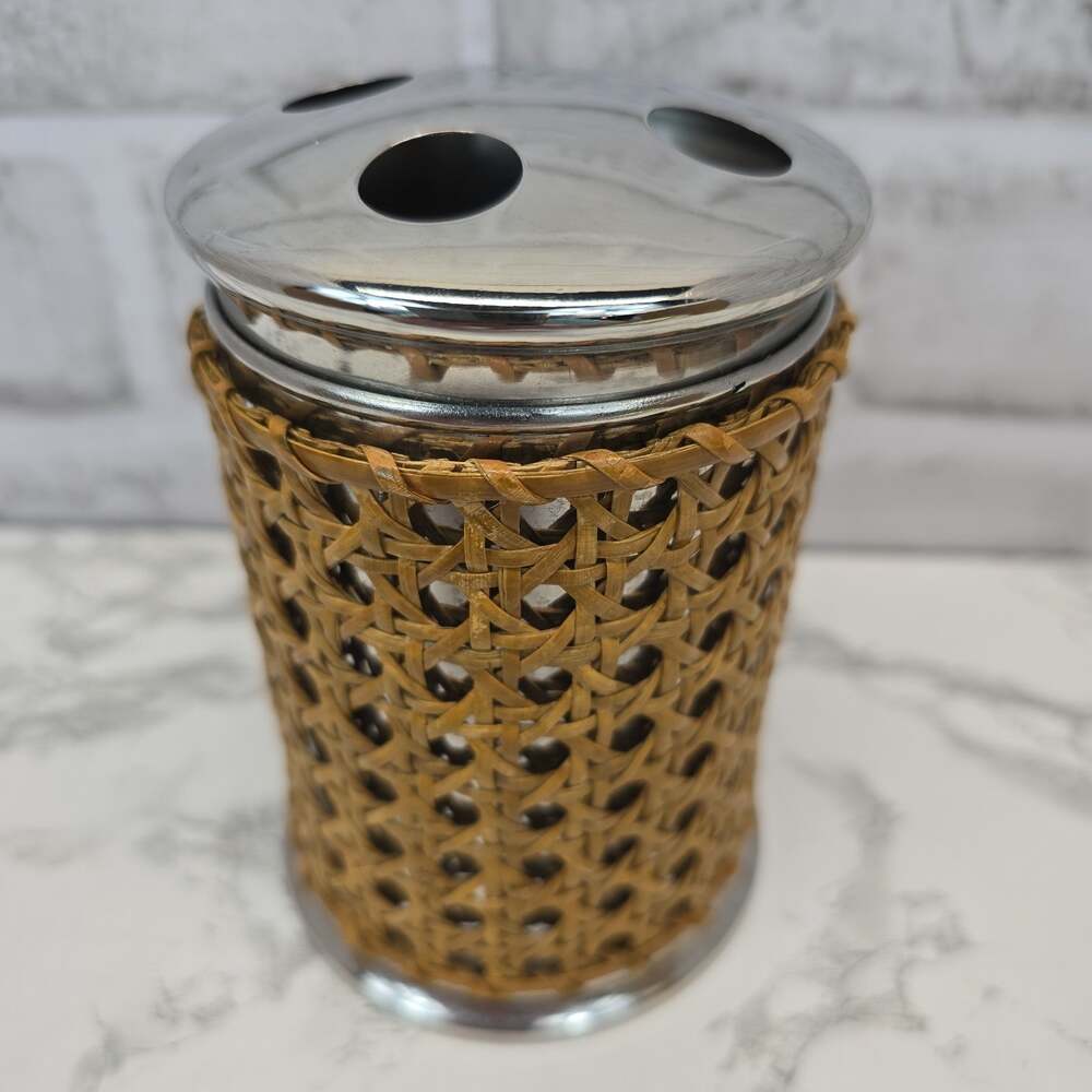 Vintage 2005 Woven Rattan Toothbrush Holder Chrome Retro Boho Decor, Bathroom